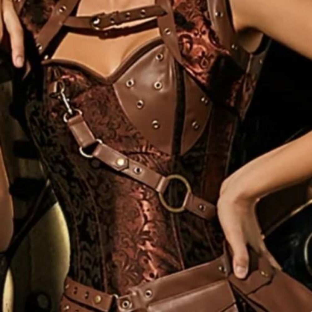 Brocade Steampunk Bustiers Corset with Jacket and Belt brown petticoat skirt